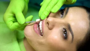 woman having porcelain veneer placed