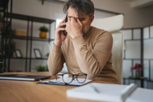 man working at his desk suffering from TMJ related headache